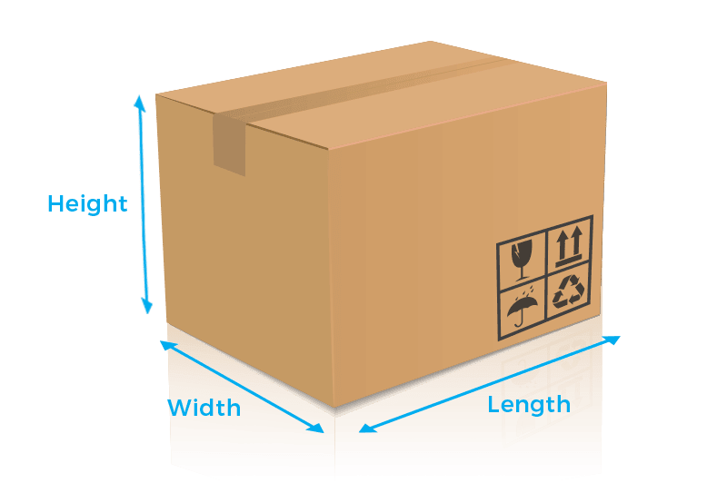 Parcel box showing height, width and length dimensions
